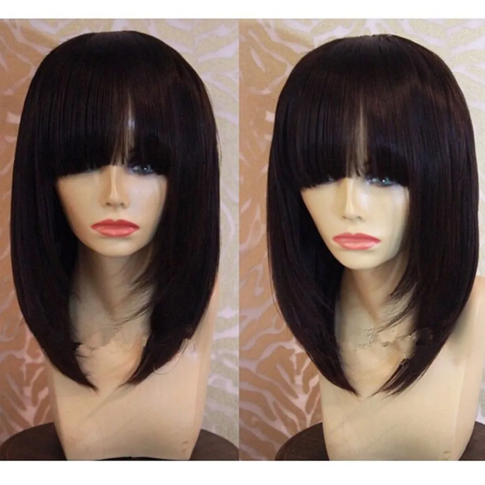Human Hair Bob Wigs with Bangs Brazilian straight Glueless 360 lace frontal wig pre plucked 180%density blunt cut diva1