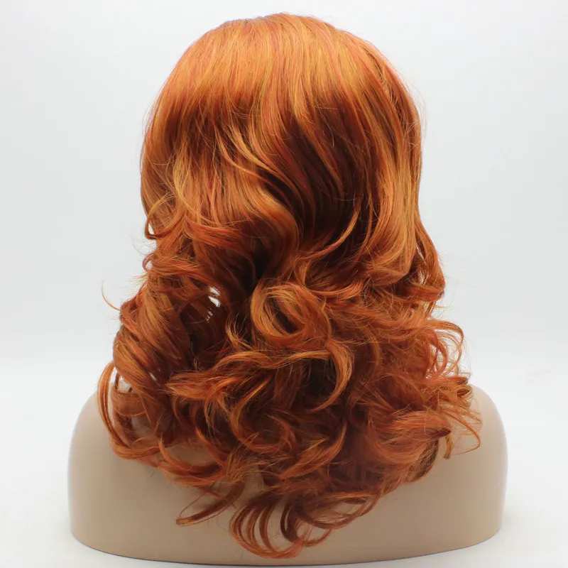 Iwona Hair Wavy Shoulder Length Blonde Red Mix Wig 19#144/3100 Half Hand Tied Heat Resistant Synthetic Lace Front Wig