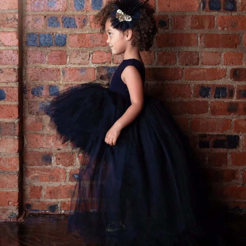 Cute Black Hi Lo Girls Pageant Dresses with Sequin Appliques Fluffy Skirts First Communion Gowns Custom Made Ball Gown Flower Girls Dresses