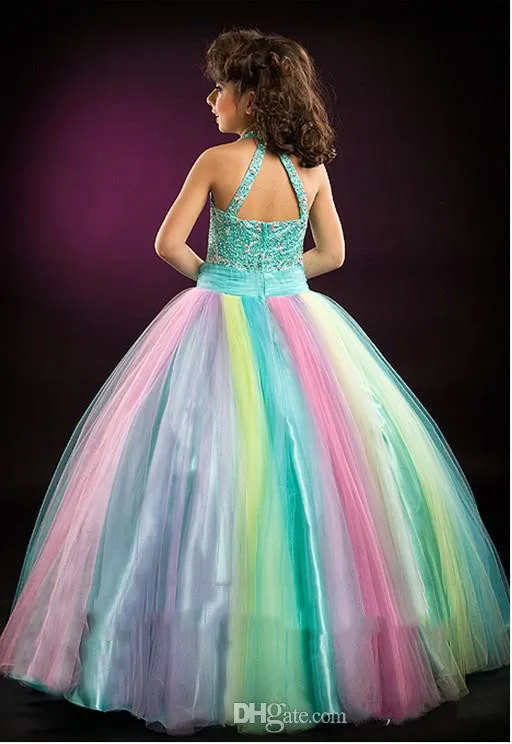 Rainbow Glitz Girls Pageant Dresses Halter Neck Crystal Sleeveless Kids Ball Gowns Floor Length Teens Prom Dress