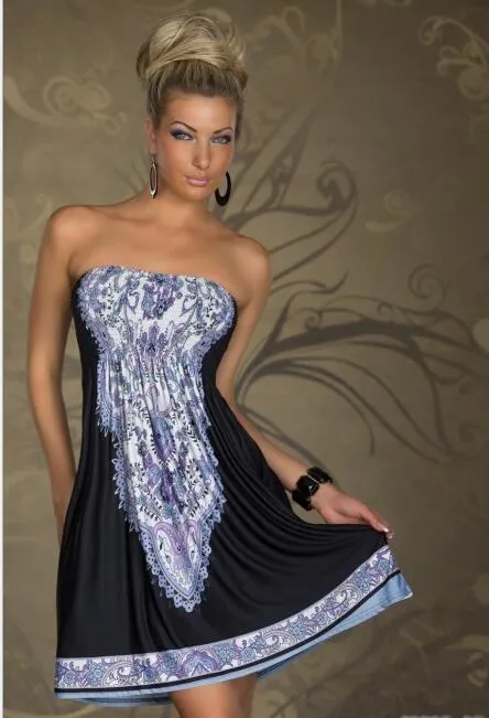 Neue Art und Weise reizvolle Frauen-trägerloses Weinlese-Muster druckte zufälliges Sommer-Kleid weg vom Schulter-Strand-Kleid