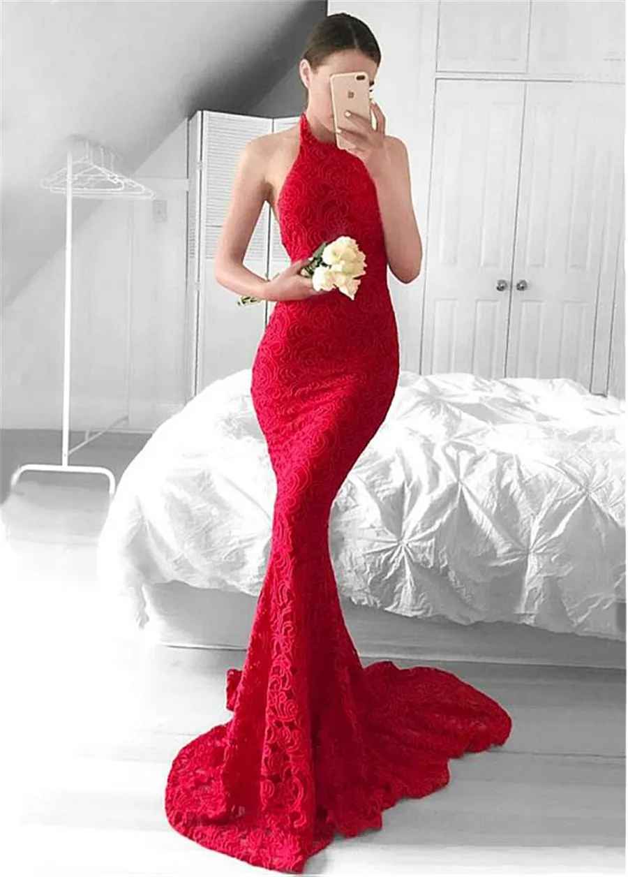 Showy Lace Halter Neckline Backless Mermaid Evening Dresses Red Long Prom Dress vestidos de fiesta baratos