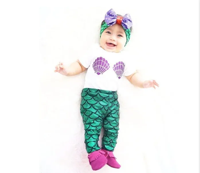 2016 Summer Baby Girl Clothing Sets Infant Short Sleeve T-shirt Tops + Mermaid Long Pants +Hair Band Toddler Outfits Kids Suit For 0-2Y