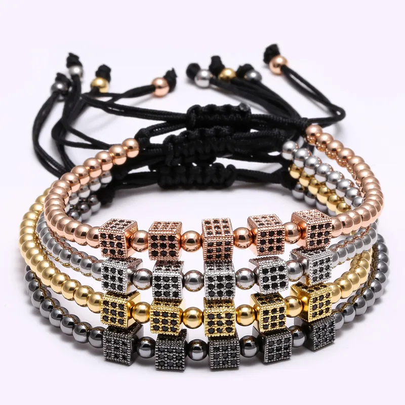 Fashion Strands Bracelets Men Square DIY color Black CZ pave setting accounts of macrame Braid Steel Bracelet for Men's Jewelry Gift Valentine's Day Holiday Christmas