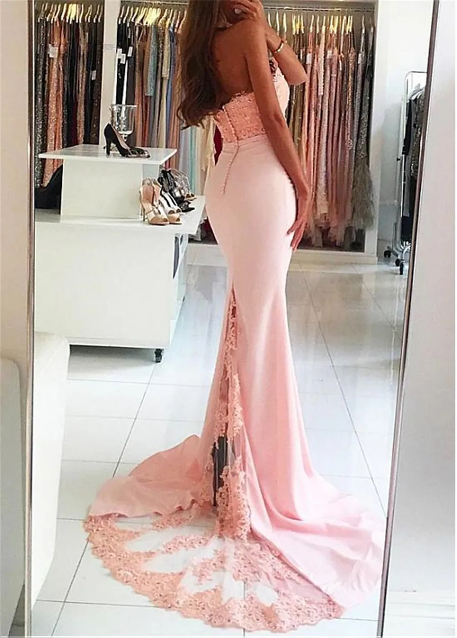 Popular Stretch Satin High Collar Neckline Mermaid Prom Dresses With Beaded Lace Appliques & Belt Pink Backless Evening Dress