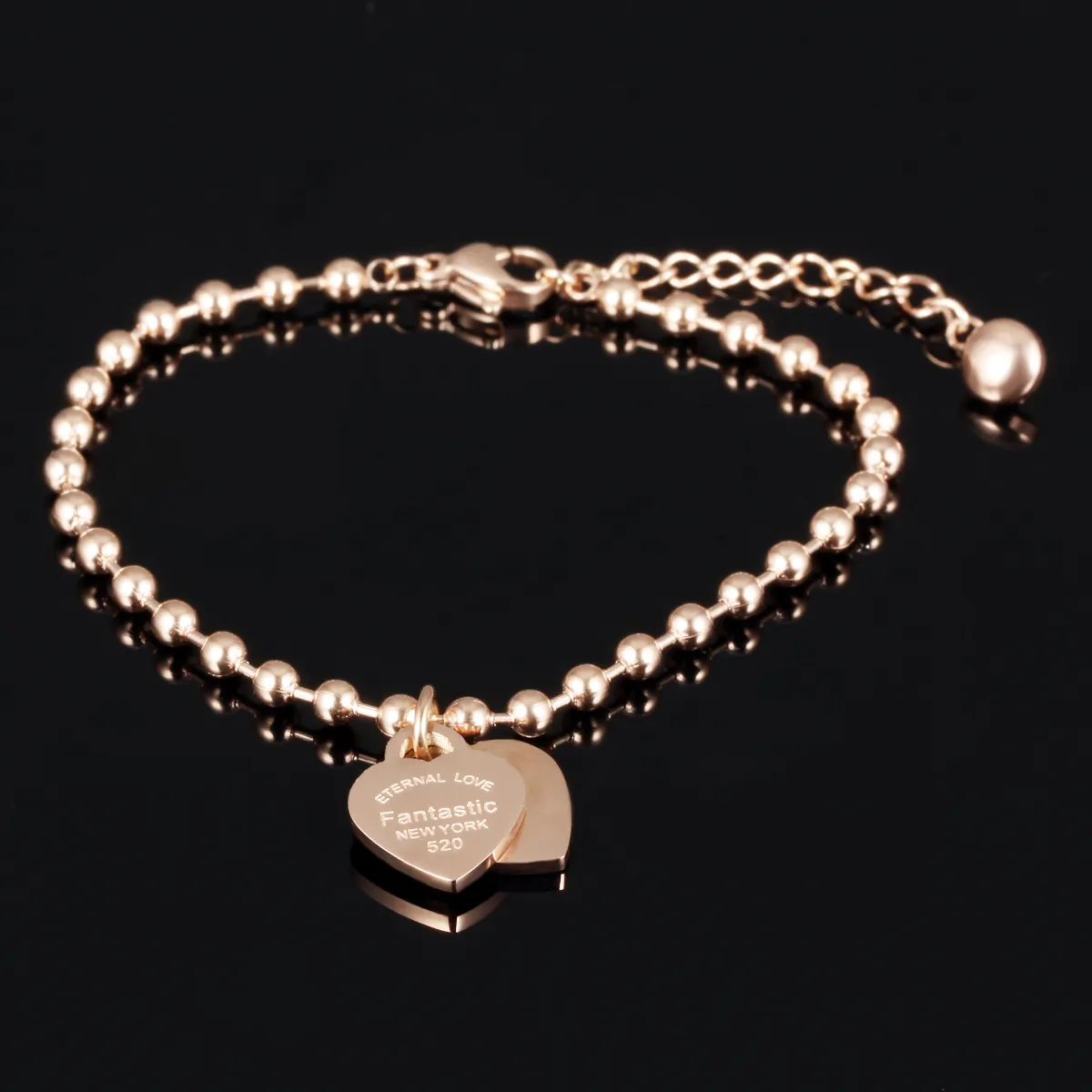 Pulseira feminina personalizada gravada em aço inoxidável, pulseira banhada a ouro rosa com pingente de coração 165mm 45mm extension191u