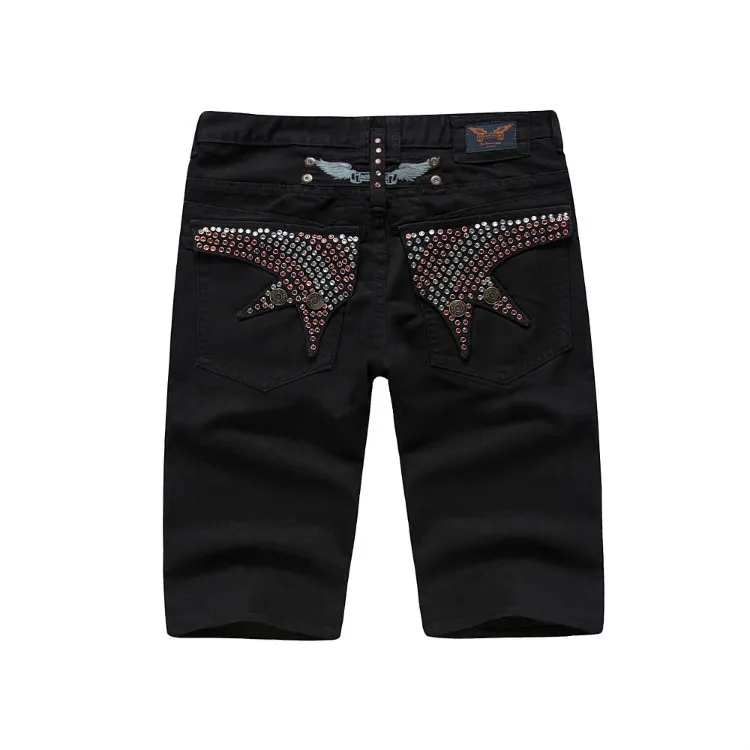 Fashion Robin Ripped Jeans For Men Diamonds Wings Shorts Slim Fit Gold Diamond And Ruby Crystals Mens Jean Size 32-42