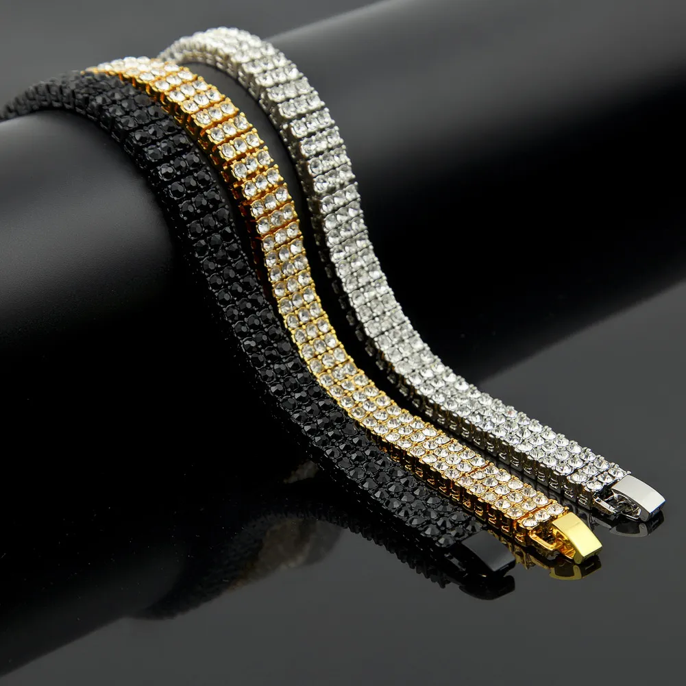 Men Black Gold Silver Finish 3 Row Diamond Simulate Bracelet 8inch 12mm Rhinestone Iced Out Hip Hop Bling ewelry