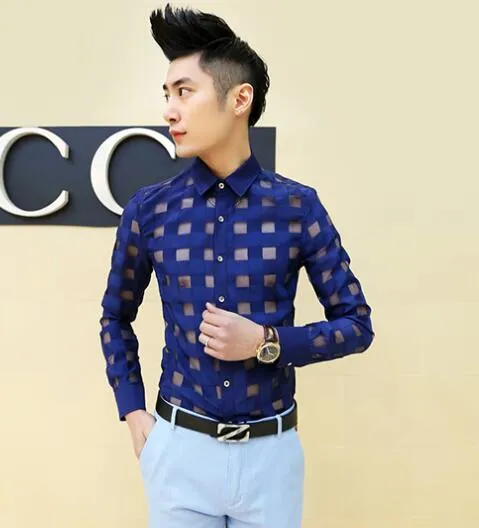 new mens clothing see through sexy male dress shirts slim fit man lace mens floral shirt