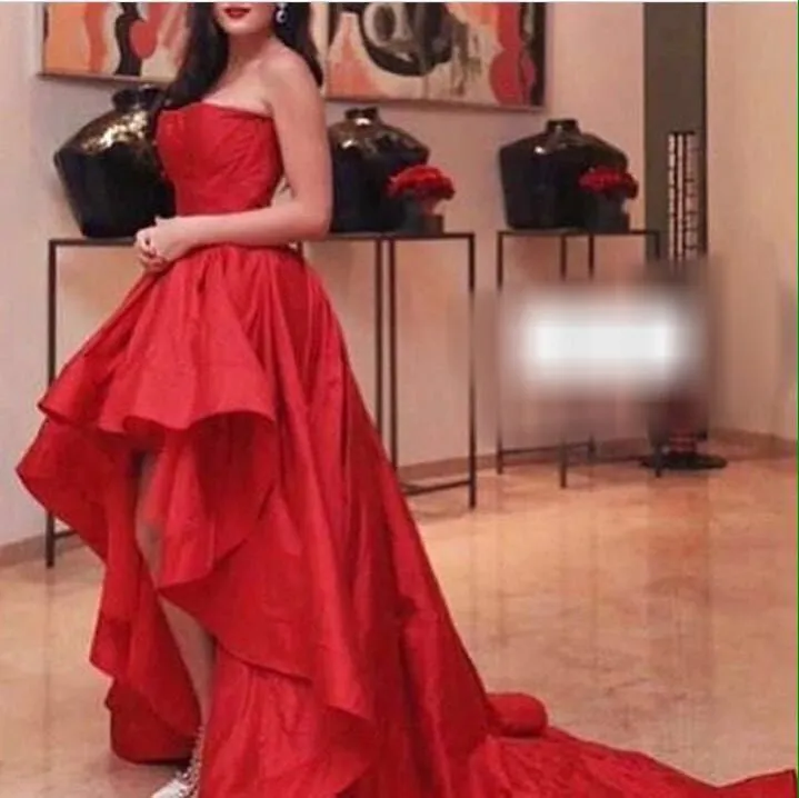 Fashion High Low Red Evening Dresses Strapless Prom Gowns Back Zipper With Ruffle Custom Made Taffeta Cheap Hot Sale Formal Party Dress