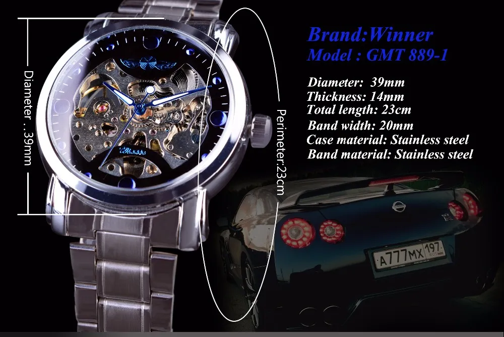 Gewinner Blue Ocean Mode Lässig Designer Edelstahl Männer Skeleton Uhr Herrenuhren Top-marke Luxus Automatikuhr Clock2922