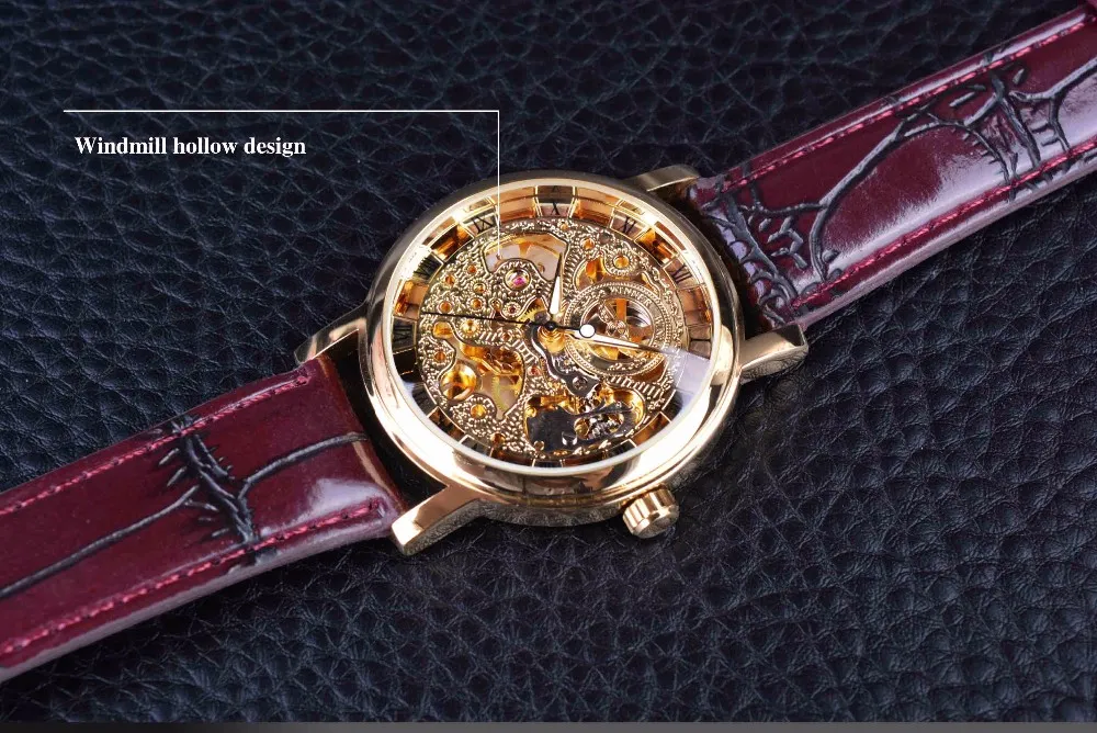 Vincitore cassa dorata trasparente design casual di lusso cinturino in pelle marrone orologi da uomo orologio scheletrato meccanico di lusso delle migliori marche265q