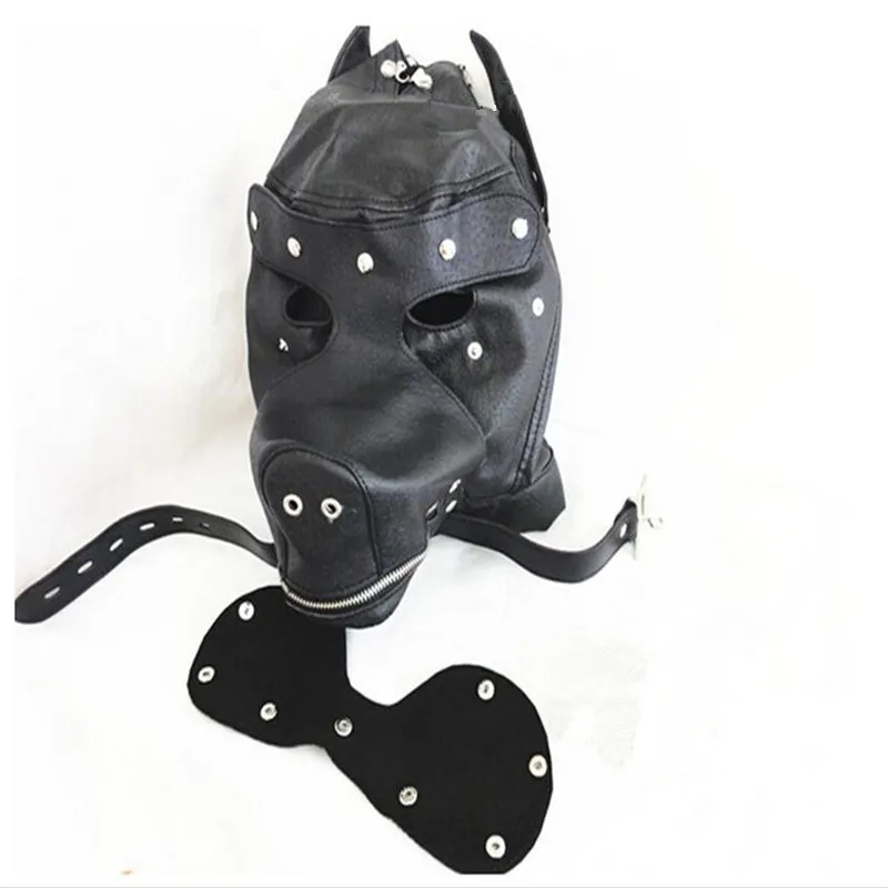 Masquerade Costume Dog Puppy Head Mask with Collar Full Face Hood Party Cosplay Mouth Gag Choker Zipped Muzzel Set271b