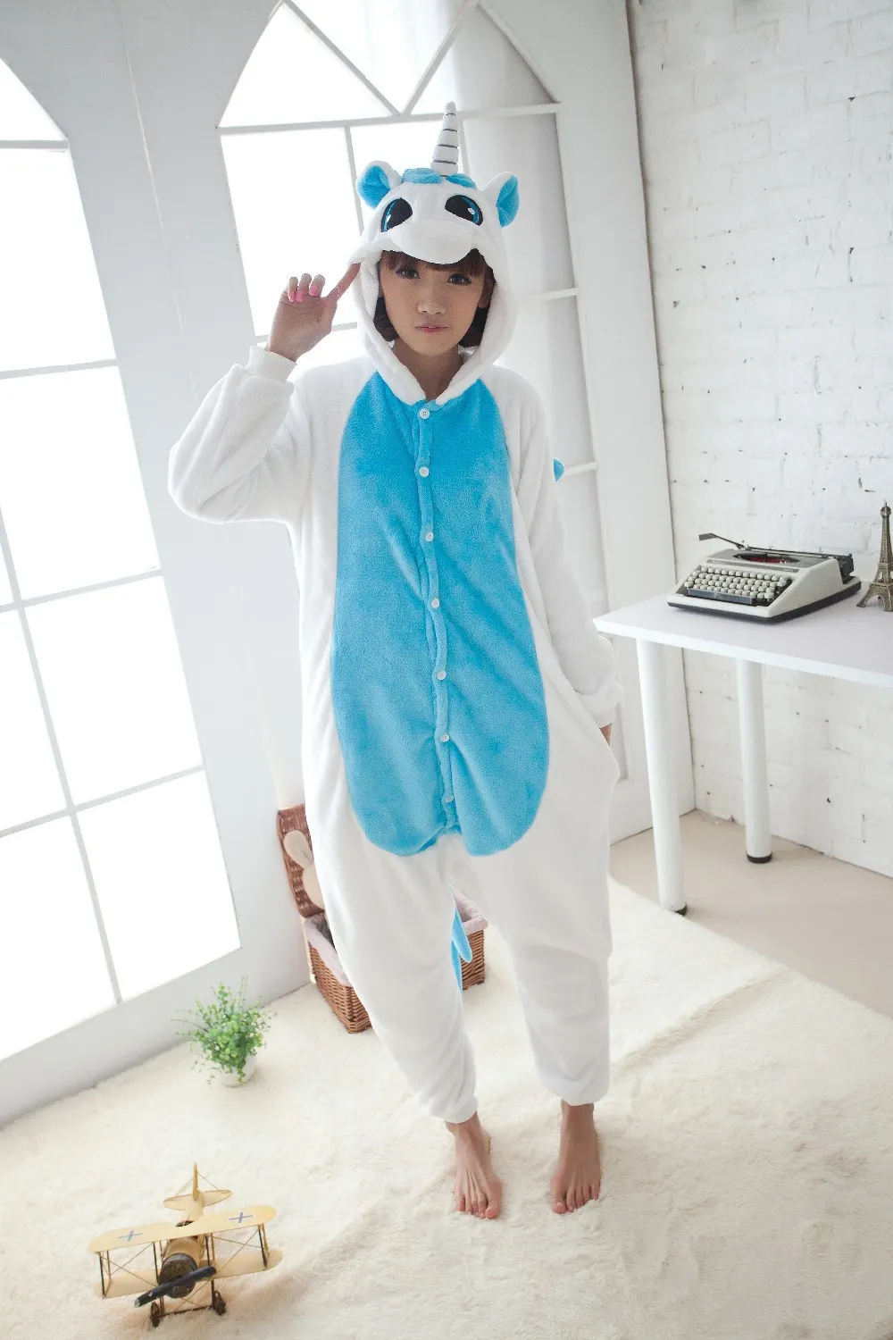 Winter Kawaii Anime Hoodie Pyjamas Cosplay Horse Adult Onesie Christmas BLUE Unicorn Pajama Costume Blue Unicorn Onesie jumpsuit Sleepwear