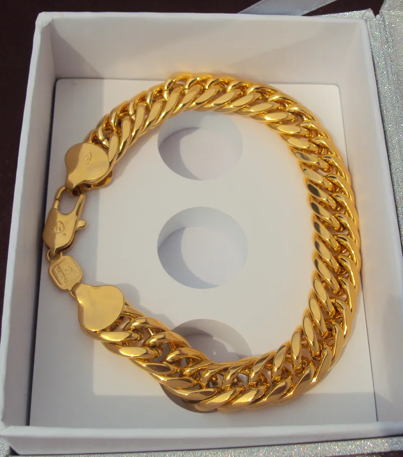 Bracciale a catena a maglia barbazzale da uomo massiccio in oro 14k pesante e spesso doppio 23 cm 100% vero oro non solido, non denaro 217E