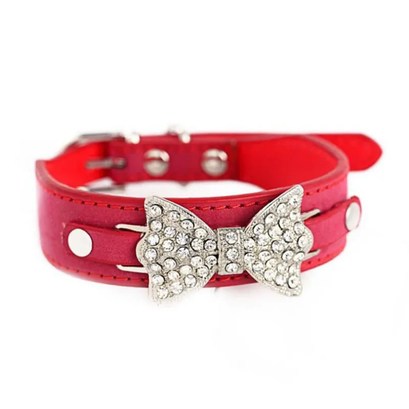 Factory Price! Dog Collar Bling Crystal Bow Leather Pet Collar Puppy Choker Necklace XS S M