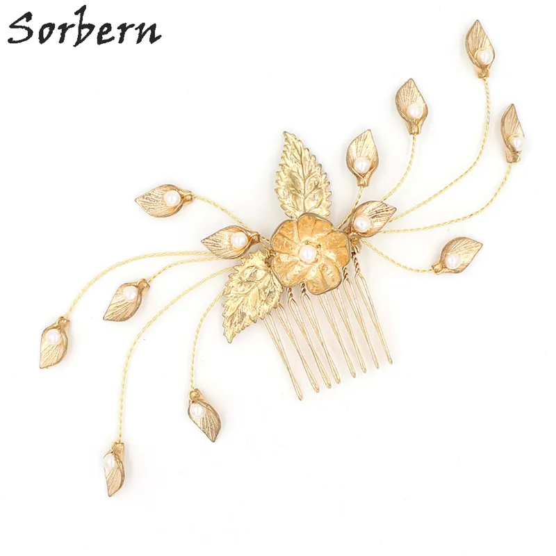 Sorbern Classic Wedding Headpiece Gold Leaves Beads Handmade Pearls and Crystal Wedding Bridal Hair Comb Bridal Hair Accessories Headbands