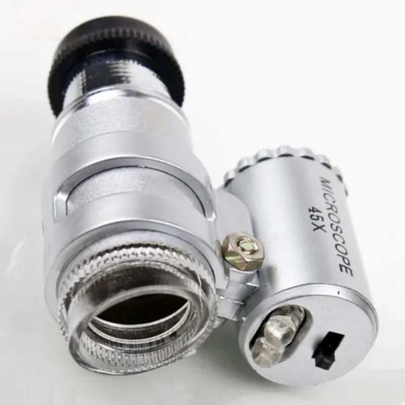 Microscópio 45X Joalheiro Lupa Lupas de jóias Mini Lupas Microscópios de Bolso com Luz LED + Bolsa De Couro Lupa MG10081-4