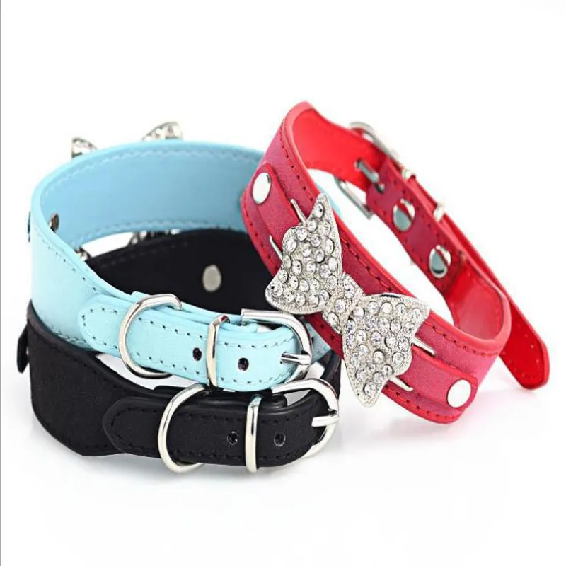 Factory Price! Dog Collar Bling Crystal Bow Leather Pet Collar Puppy Choker Necklace XS S M