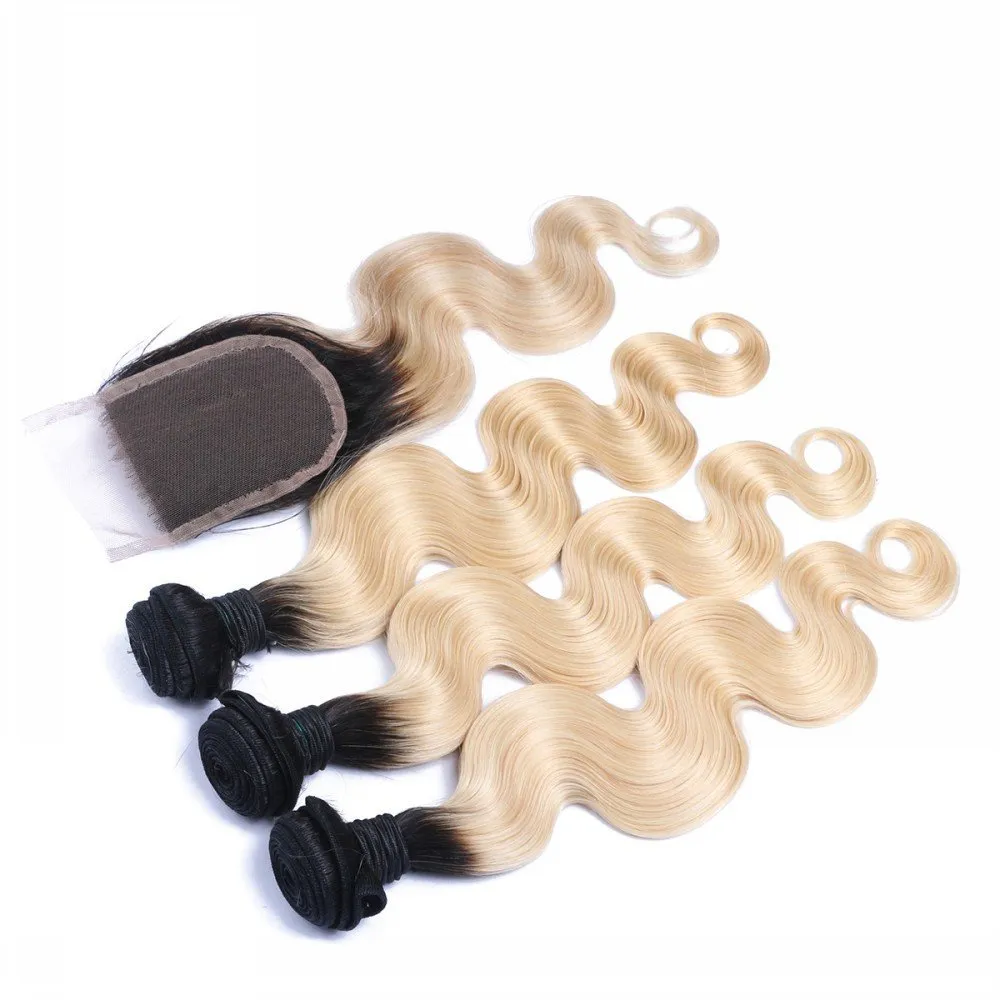 Brazilian 1B/613 Body Wave Blonde Ombre Human Hair Weaves 4Bundles with Closure Free Middle 3 Part Double Weft Human Hair Extensions Dyeable