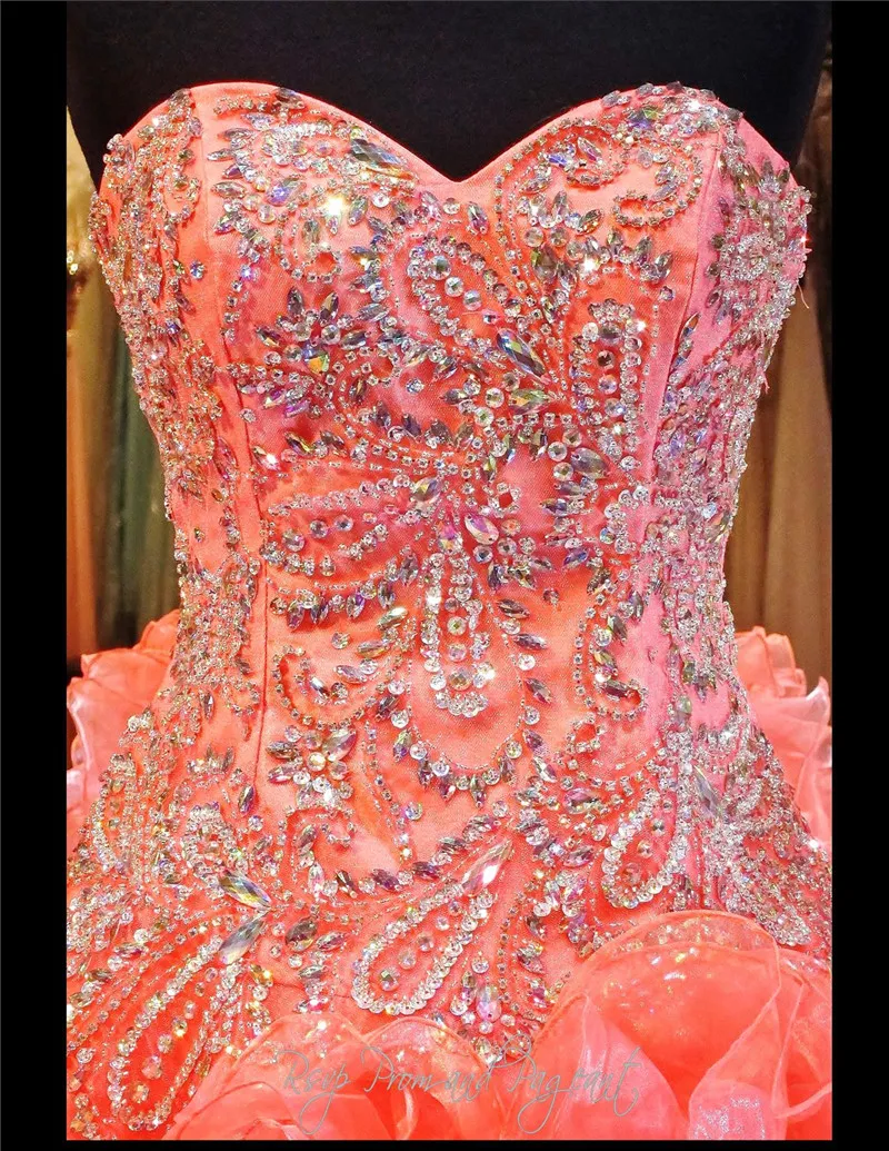 Coral Ball Gown Strapless Beaded Sweetheart Bodice Lace up Back Full Ruffled Shirt Quinceanera Dress Crystals Pageant Dresses