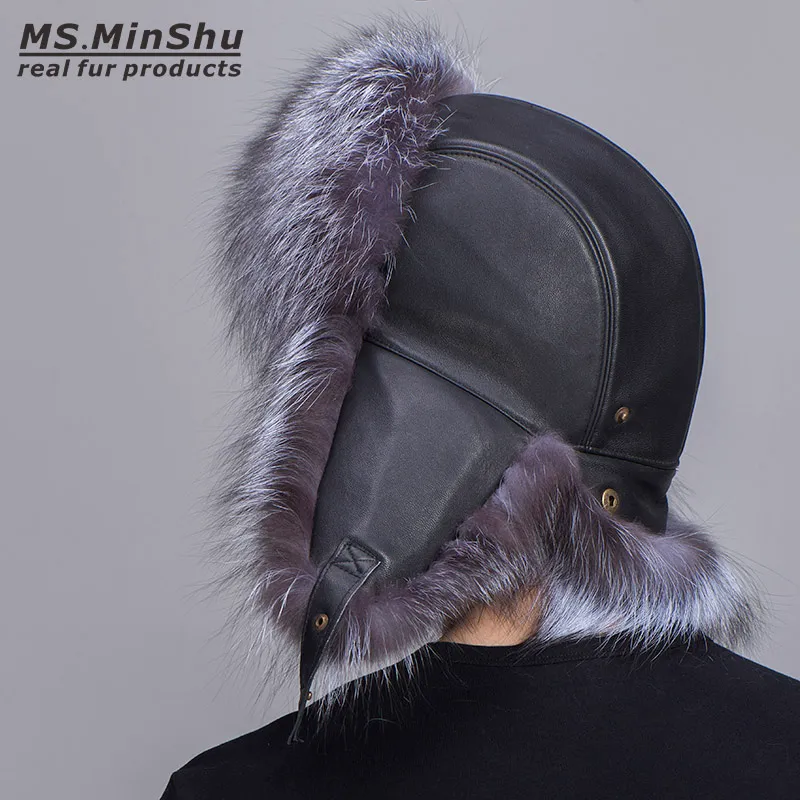 Chapéu unissex de pele de raposa prateada estilo russo com couro de pele de carneiro, protetor de orelha de inverno 316z