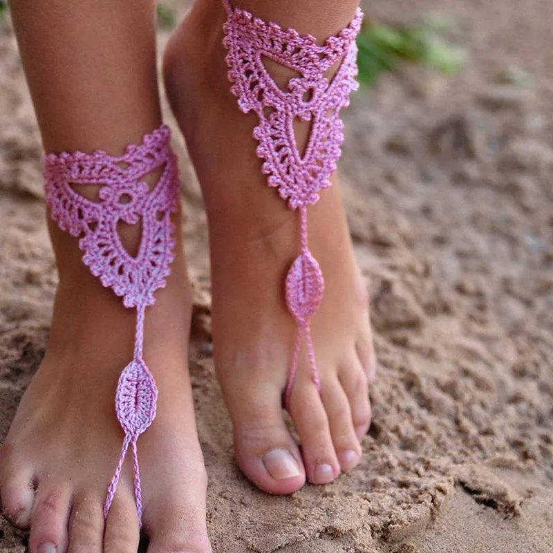 Whole-2015 nieuwe 2 paar sierlijke blote voeten sandalen strand bruiloft bruids gebreide enkelband voetketting #810962465