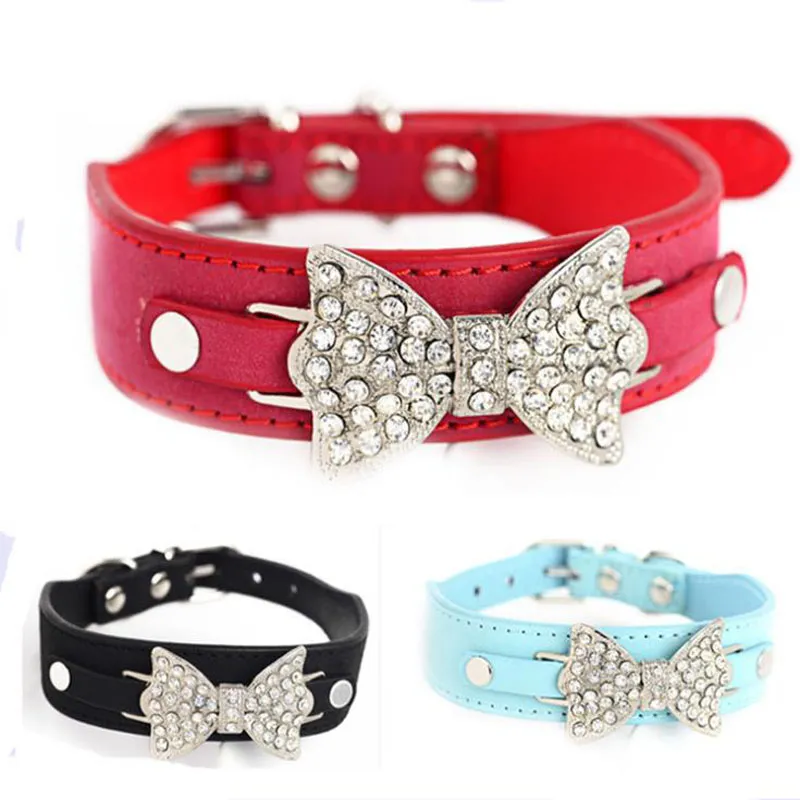 Factory Price! Dog Collar Bling Crystal Bow Leather Pet Collar Puppy Choker Necklace XS S M