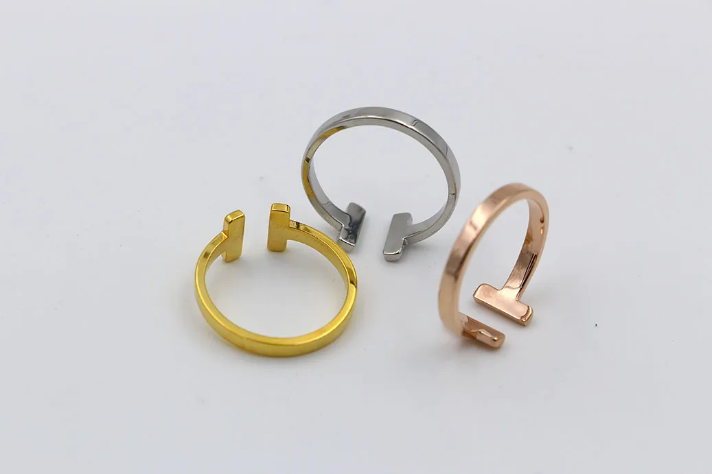 New arrive 316L Stainless Steel fashion double T ring Jewelry for woman man lover rings 18K Gold-color rose Jewelry Bijoux no have any letter