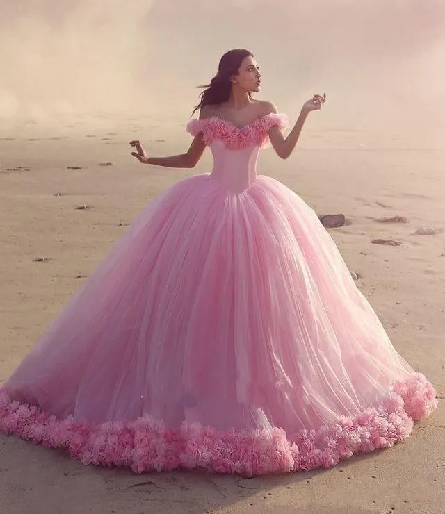 2020 New Pink Quinceanera Ball Gown Dresses Off Shoulder Cap Sleeves Tulle With Flowers Long Sweet 16 Puffy Cathedral Train Party Prom Gowns