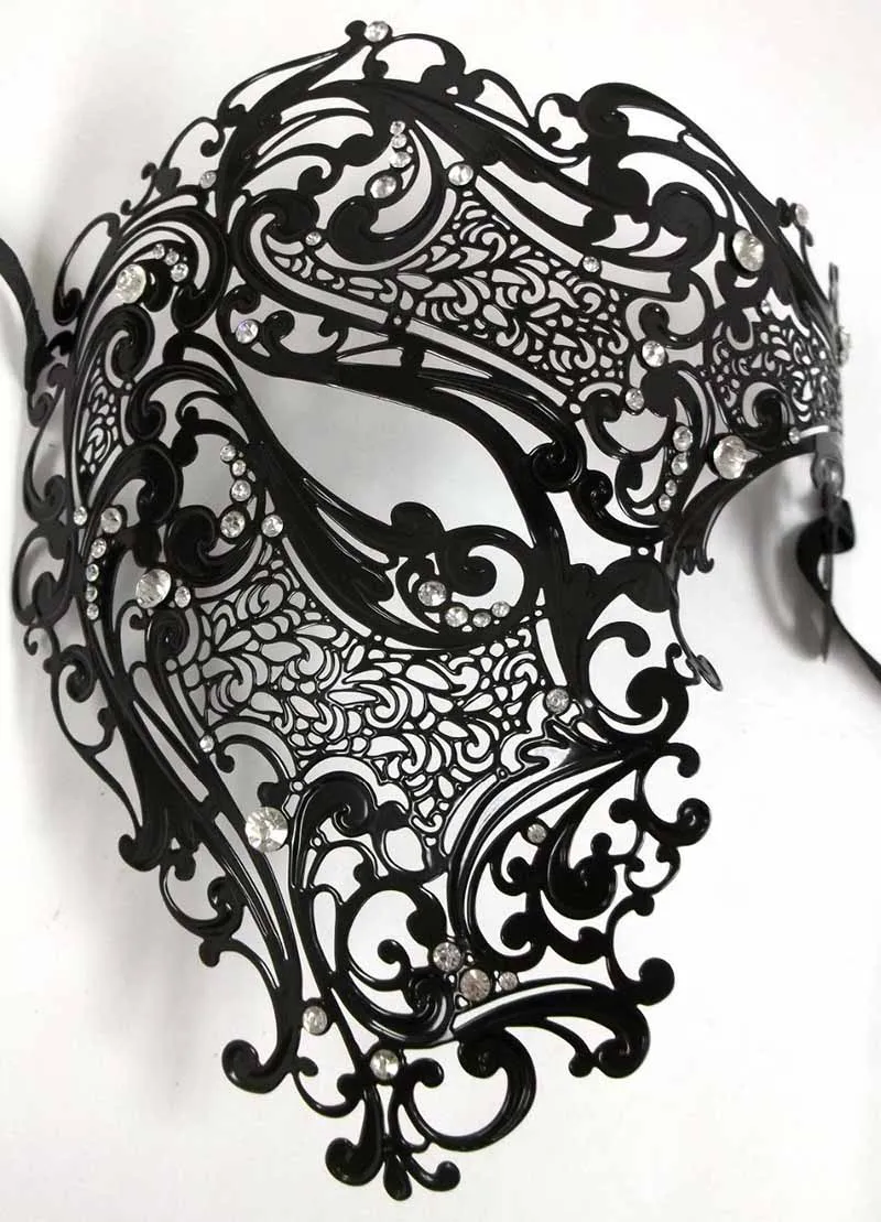 Maski imprezowe Cosplay Halloween Mask Black Srebrny Rhinestone Phantom Metal Filigree Venetian Party Mask