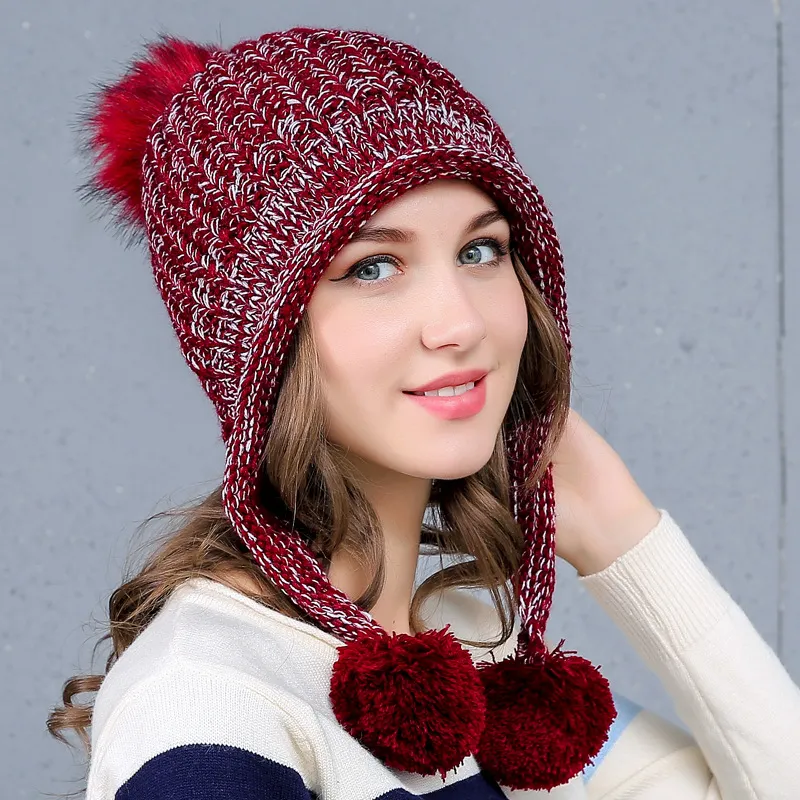 Winter Knitted Cap Hat for Women Wool Blends Soft Warm Skull Caps with Earflaps Lovely Ladies Beanies Gorro with Velvet GH-2542601