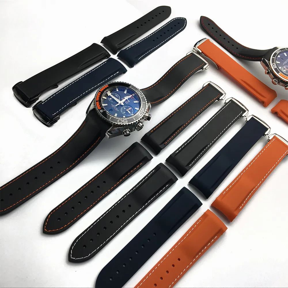 Pulseira de relógio masculina de 22mm, azul, preta, à prova d'água, borracha de silicone, pulseira com fecho, fivela para omega planet-ocean tools195g
