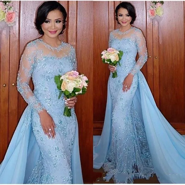 Sky Blue Evening Dresses Sexy Jewel Neck Full Lace Appliques Beaded Illusion Long Sleeves Overskirts Mermaid Formal Party Dress Prom Gowns