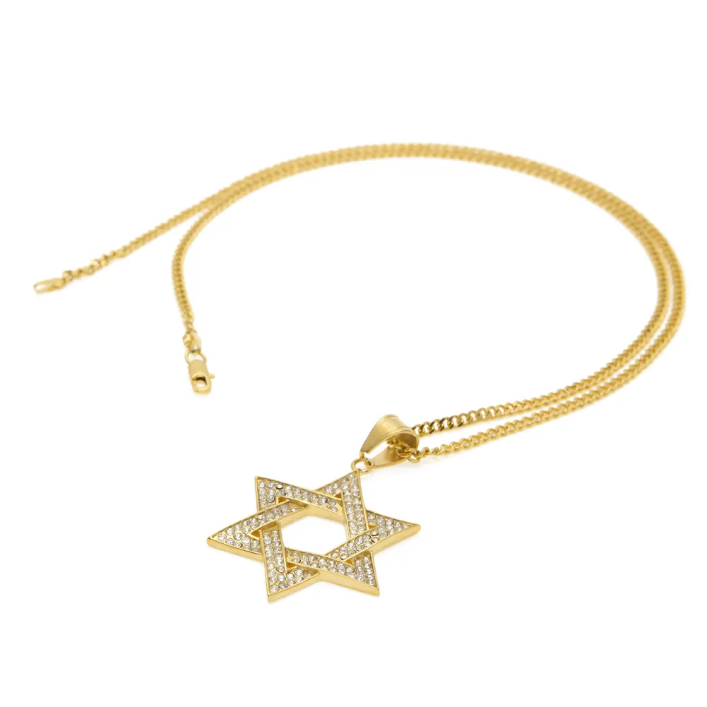 Diamante estrela de david pingente colar feminino ouro prata banhado hip hop israel colar clássico david estrela cruz star3262