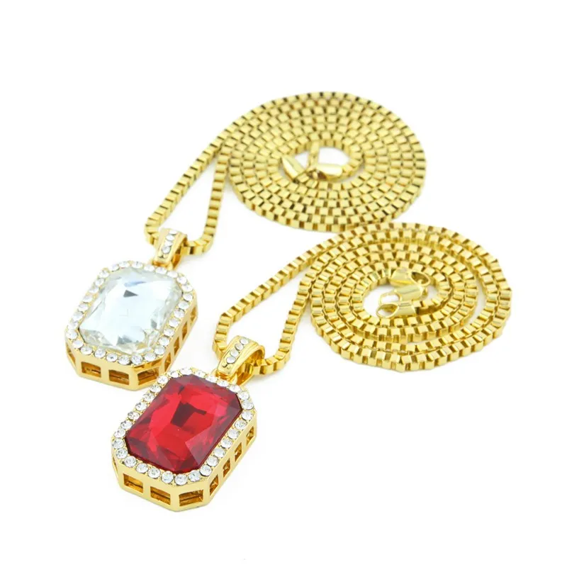 Micro Ruby Red Black Square Pendant Set 2 4mm 24 Box Chain Gold Tone Iced Out Necklace Hiphop Gold Chains for Men Women277s