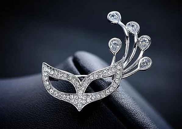 Popular Beautiful Lady Girls Flower Collar Rhinestone Crystal Silver Plated Fox Mask Brooch Pin For Gift Whole 288k