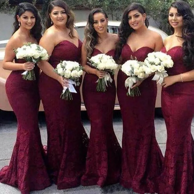 Burgundy Full Lace Mermaid Bridesmaid Dresses Cheap Sweetheart Long Sheath Bridesmaid Gowns Wedding Guest Maid Of Honor Dresses