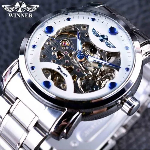 Vencedor Blue Ocean Fashion Designer casual Stainless Steel Men Skeleton Watch Watches Mens Relógio Automático de Luxo de Luxuja Relógio3360