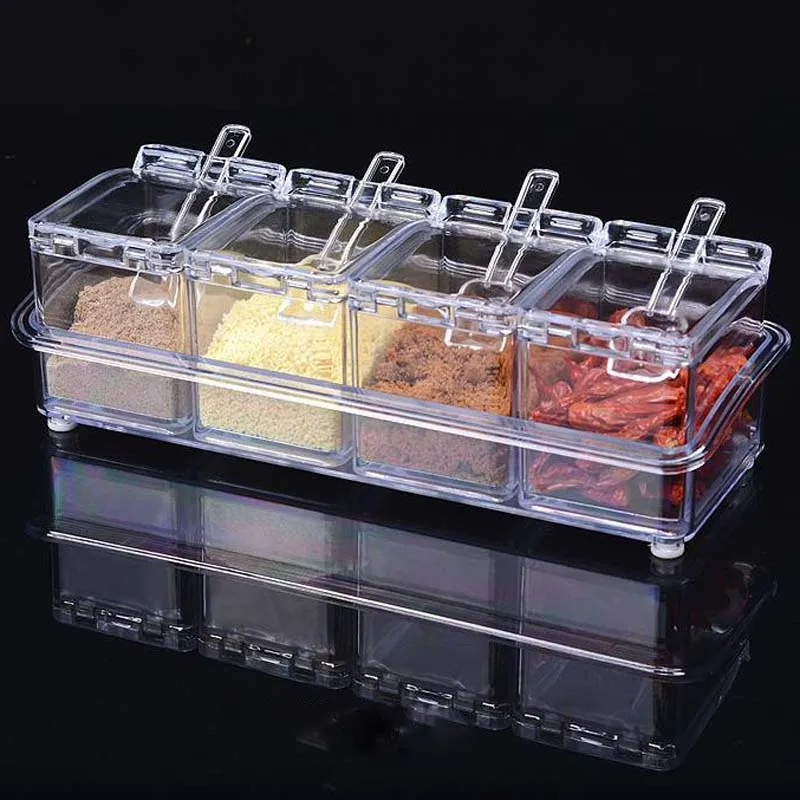 In1 Acrylic Seasoning Box Clear Seasoning Rack Spice Pots Storage Container Condiment Jars Cruet with Cover and Spoon Kitchen essential