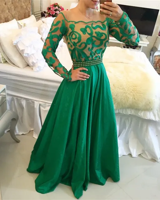 Green Beautiful Evening Dresses Sheer Neck Long Sleeves With Applique Prom Gowns Sheer Back Peplum Beaded Custom Made Formal Party Dresses