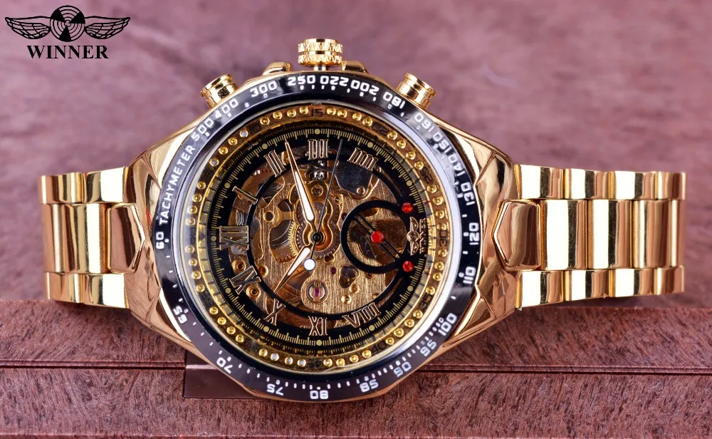 Vencedor marca nova moda relógio de ouro à moda aço masculino relógio clássico mecânico auto vento vestido pulso esqueleto gift206q