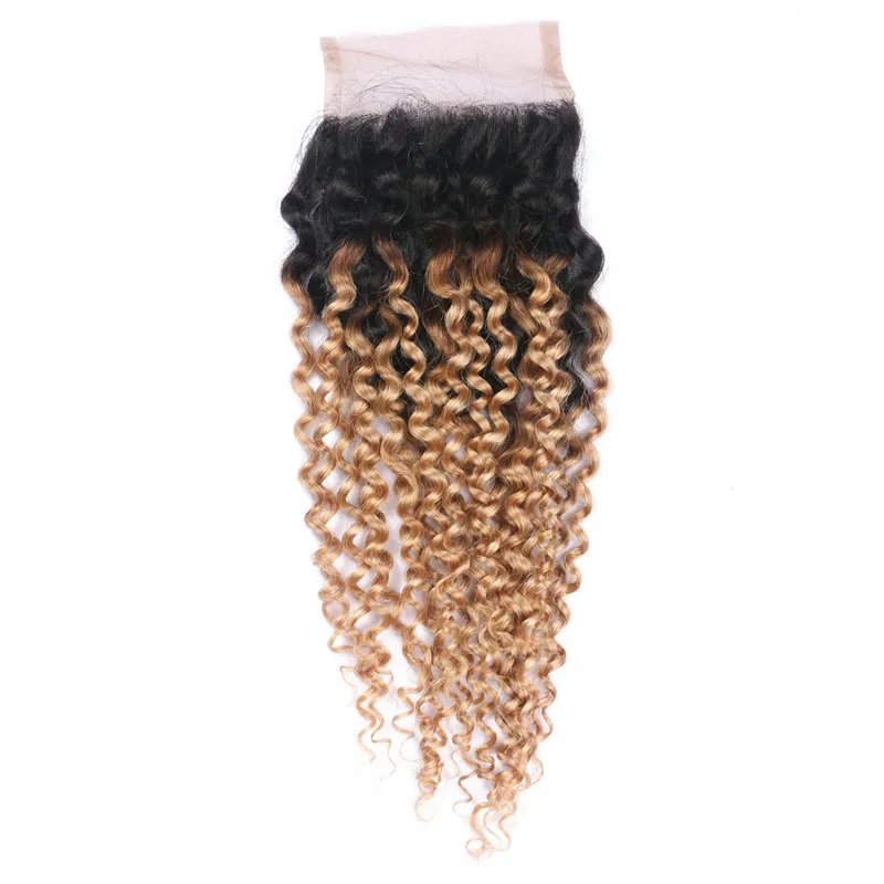 Brazilian Honey Blonde Ombre Human Hair Lace Closure With Baby Hair Kinky Curly 1B/27 Light Brown Ombre 4x4 Front Lace Closure 8-24"