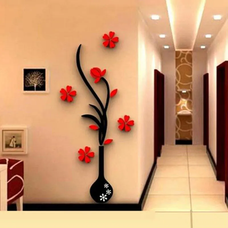 Wholesale Wall Stickers Acrylic 3D Plum Flower Vase Stickers Vinyl Art DIY Home Decor Wall Decal Red Floral Wall Sticker Colors