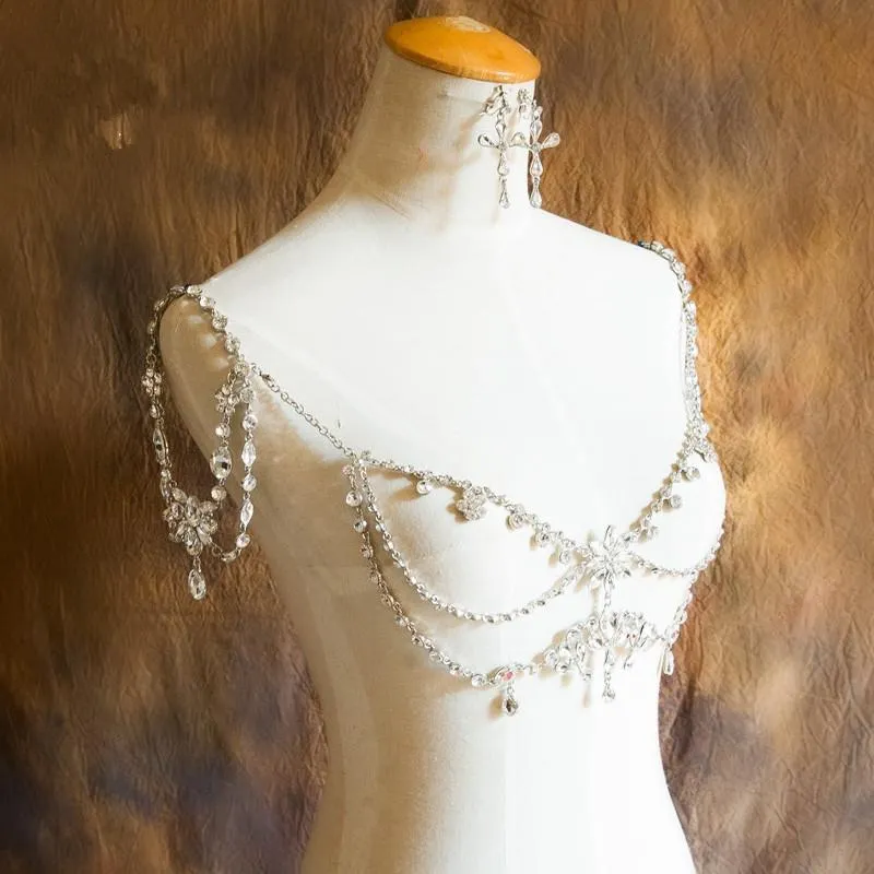 Vintage Wedding Bridal Shoulder Chain Halsband Body Chain Silver Crystal Rhinestone Flower Tassel Wrap Smycken Kvinnor Prom Pendant 2429