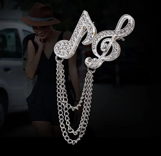 Elegant Chain Tassel Music Note Crystal Brooch Fashion Jewelry Silver Rhinestone Pin Brooches For Gift Unisex Jewelry 285P
