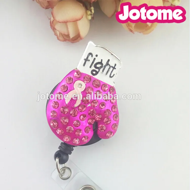 In stock Key Rings Crystal Rhinestone Pink Breast Cancer Awareness Boxing Gloves Retractable Badge Reel ID Holder217H