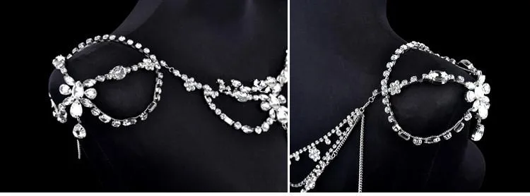 Vintage mariage mariée épaule chaîne collier corps chaîne argent cristal strass fleur gland Wrap bijoux femmes bal pendentif 2429