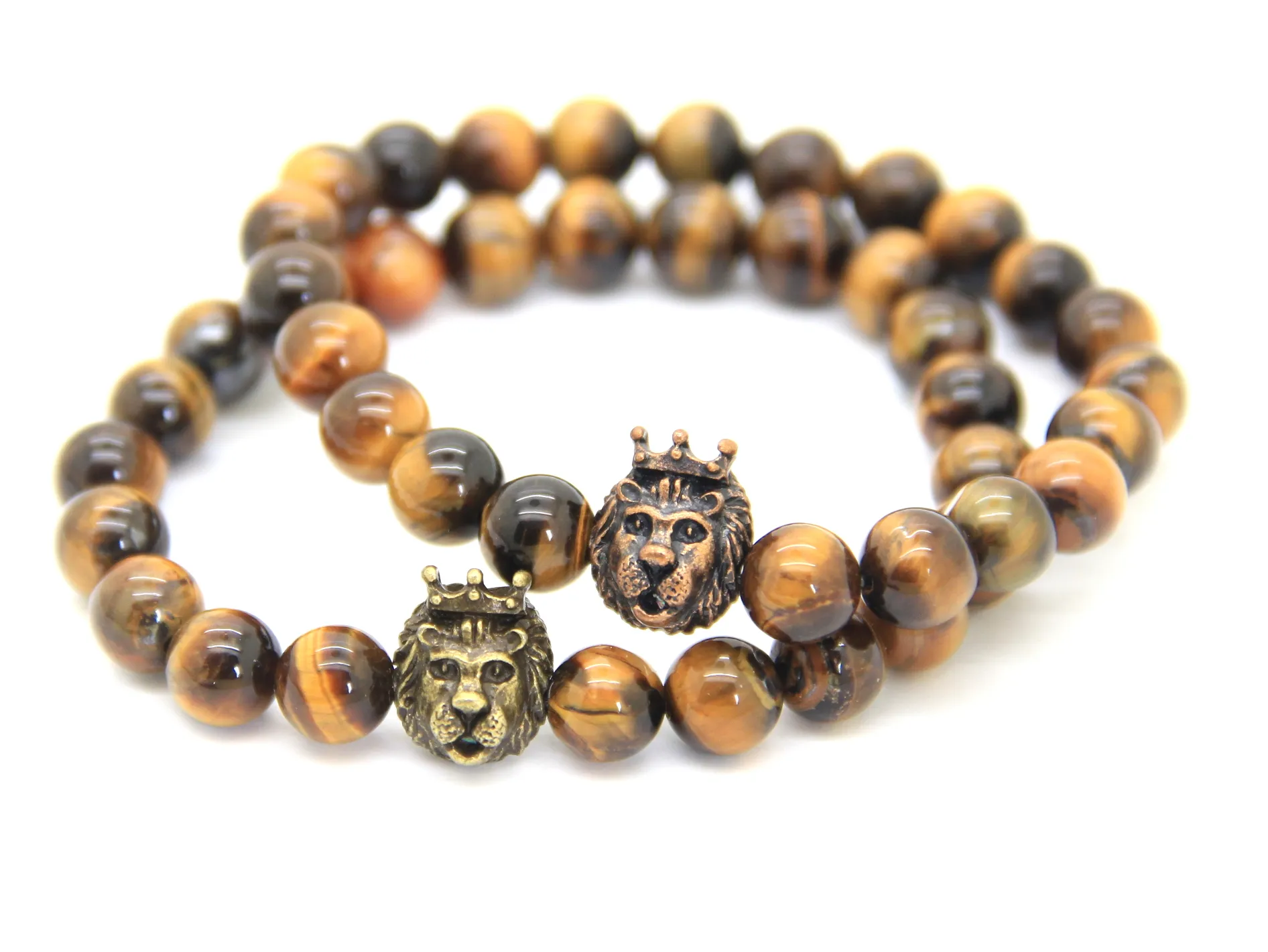 2016 новый дизайн мужские браслеты цельные 8 мм натуральный тигровый глаз камень бусины с короной голова льва браслеты подарок для вечеринкиBracele231u