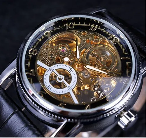 Forsining Hollow Engraving Skeleton Casual Designer Black Golden Case Gear Bezel Watches Men Luxury Top Brand Automatic Watches2432